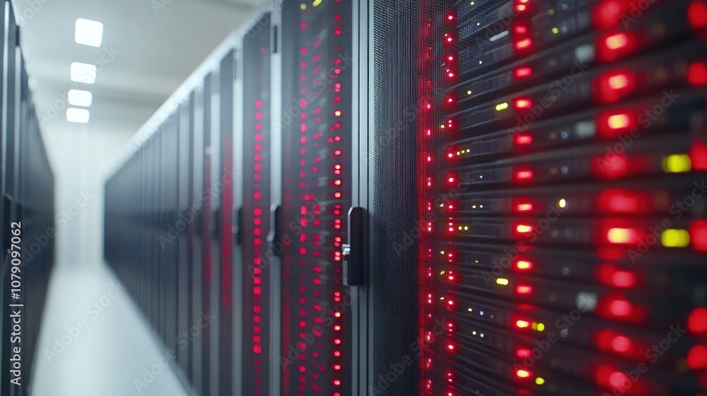 Poster rows of lit up server racks in a data center.