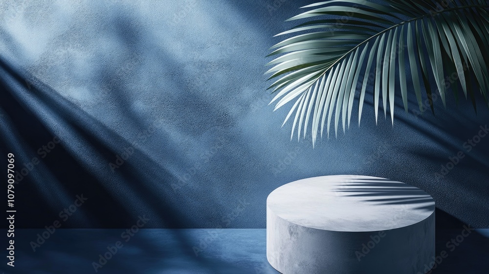 Poster dark blue minimalist 3d render featuring a top view flat lay display with a single podium and the sh