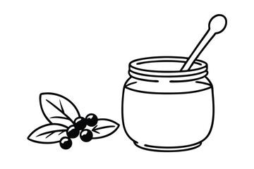 Black and White Illustration of a Jar of Honey with a Stirrer and Honeycomb