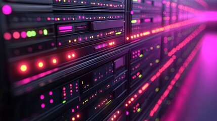 Rows of glowing servers in a data center.