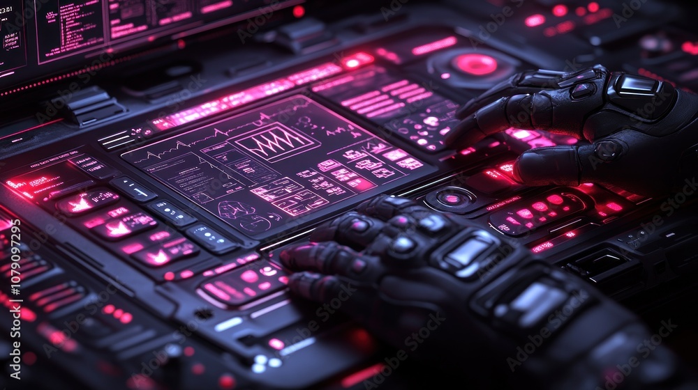 Poster robotic hands operating a futuristic control panel with glowing red lights.