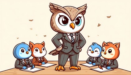 Obraz premium Cute Owl In Business Suit as Woman Leader, Leading a Meeting Cartoon Vector Icon Illustration