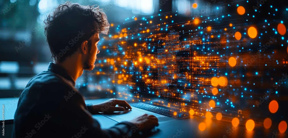 Poster software engineer analyzing big data and cloud computing with innovative ai technology