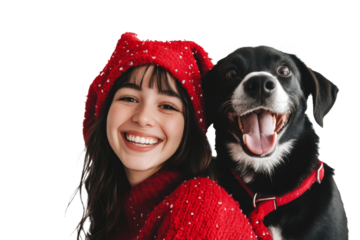 Joyful woman holding her furry friend in red holiday outfit, both smiling for Christmas celebration isolated on transparent png background.