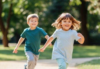 Happy children running in the park