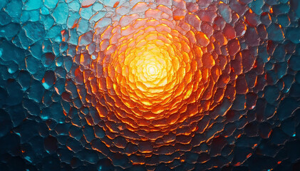 Orange and blue circular pattern with light in center suitable for backgrounds, textiles, packaging, and abstract design concepts. Bright and vibrant visual appeal., mozaic background