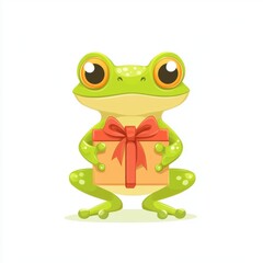 Fototapeta premium Cute frog holding a gift box isolated over white background.