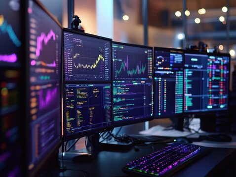 Financial Analysts and Day Traders Working on a Computers with Multi-Monitor Workstations with Real-Time Stocks, Commodities and Exchange Market Charts. Team of Brokers at Work in Agency.