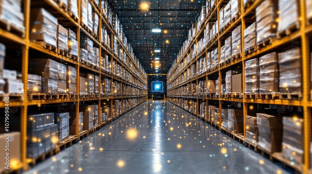 Poster rows of stacked boxes in a large warehouse.