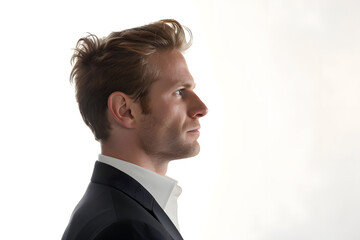 Side profile portrait of a Caucasian businessman in dark suit and white shirt isolated on white background