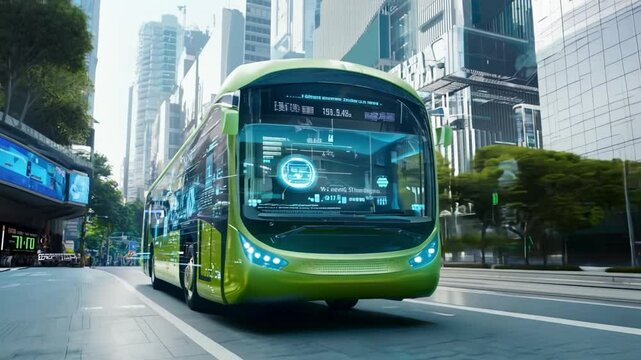 An innovative electric bus drives through an urban environment, highlighting its modern design and technology as it moves along a busy street