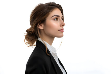 Side profile shoot of a Caucasian businesswoman in black blazer and white blouse isolated on white background