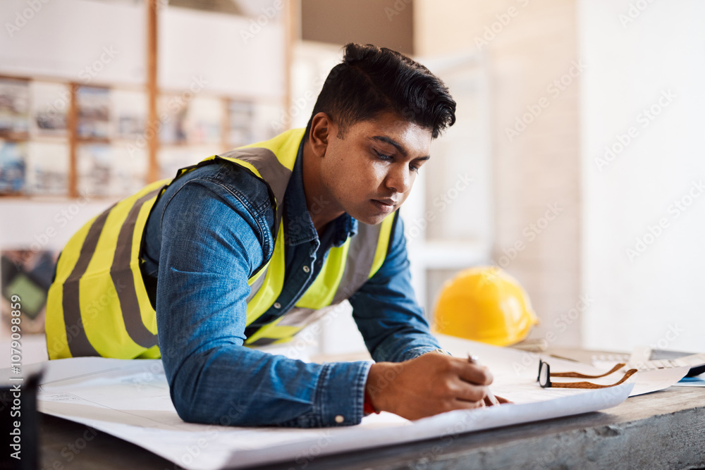 Poster architect, man or drawing on blueprint in office for project development or illustration of property