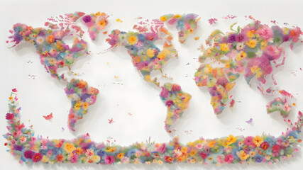 Continent world map with flowers. Outline World Map Background. Global network connection.