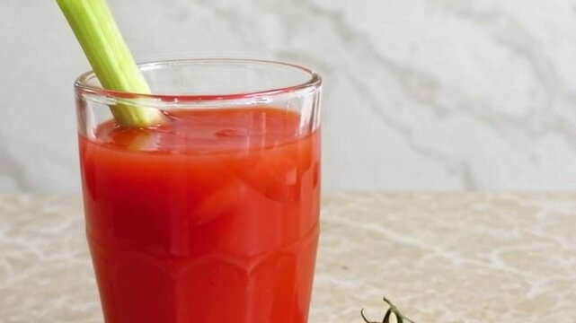 close-up of tomato juice poured into a glass with celery and cherry tomatoes, fresh tomato juice with celery stick rim and whole cherry tomatoes on countertop