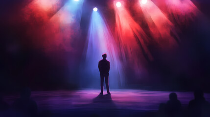 A performer stands alone on stage, illuminated by stage lights, ready to captivate the audience with a powerful performance. Mystique. Illustration