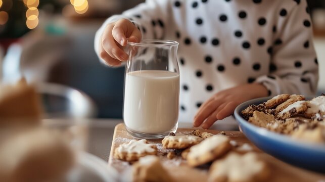 A child pours milk into a glass at a table with cookies