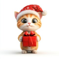 3D rendering cute cat holding a gift box isolated over white background.