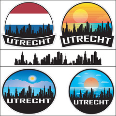 Utrecht Skyline Netherlands Flag Cityscape Silhouette Travel Souvenir Sticker Sunset Isolated Vector