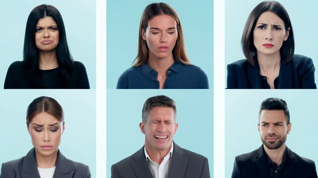 Group of diverse business professionals displaying various expressions of frustration and disappointment, isolated on a light background.