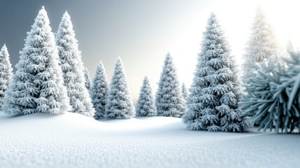 Naklejka premium Winter Wonderland: A serene and picturesque scene of snow-covered pine trees bathed in the soft glow of a winter sunrise. The image evokes a sense of peace, tranquility.