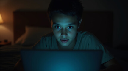 Engaged Boy Using Laptop at Night