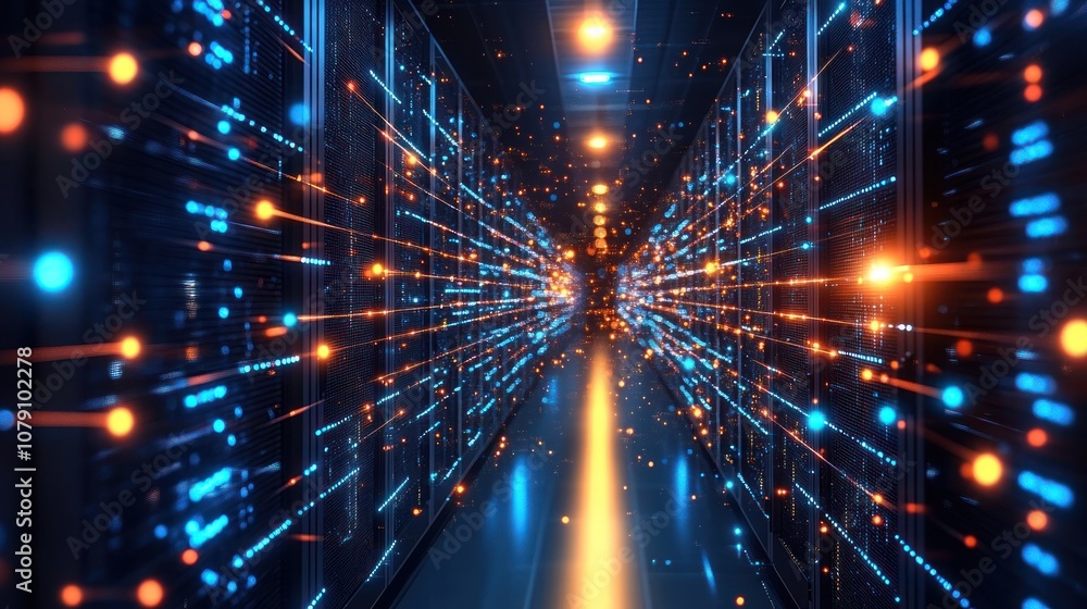 Poster server room hallway with glowing lights and data streams.
