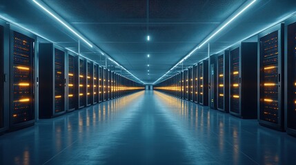 Server room with rows of glowing servers and blue neon lights.