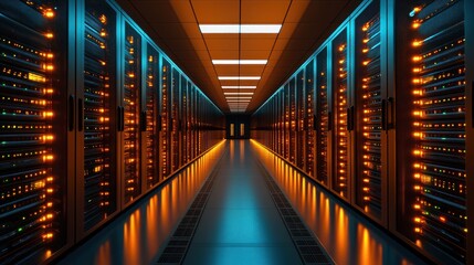 Server room with rows of glowing servers and a long hallway.
