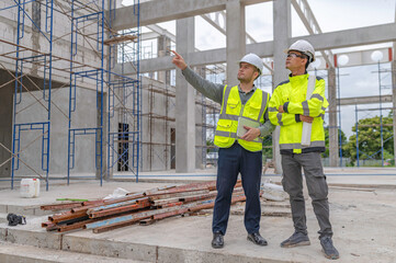 Two Asian engineer working at site of a large building project,Work overtime at construction site,Team of engineer discus at site,The architect, supervisor, and foreman meet to discuss the design