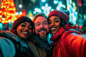 Naklejka premium Three friends taking a selfie on the street with Christmas lights in the background