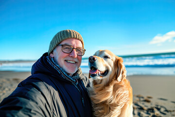 Retired man and his dog walking on the beach on a sunny winter day - Powered by Adobe