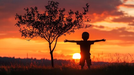 Fototapeta premium Child s Silhouette Mirroring Tree Branches Against Vibrant Sunset Landscape