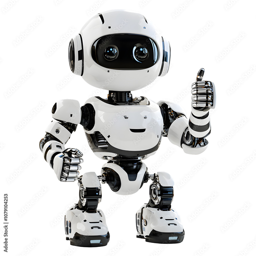 Poster friendly robot giving thumbs up isolated on transparent background
