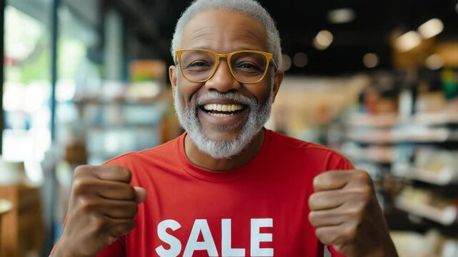A cheerful black senior man expresses his joy about shopping deals and sales in a local retail store on a busy weekend
