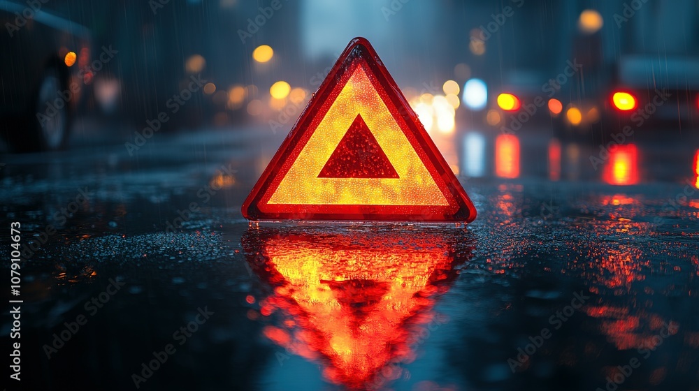 Poster red warning triangle reflected in wet pavement during rain