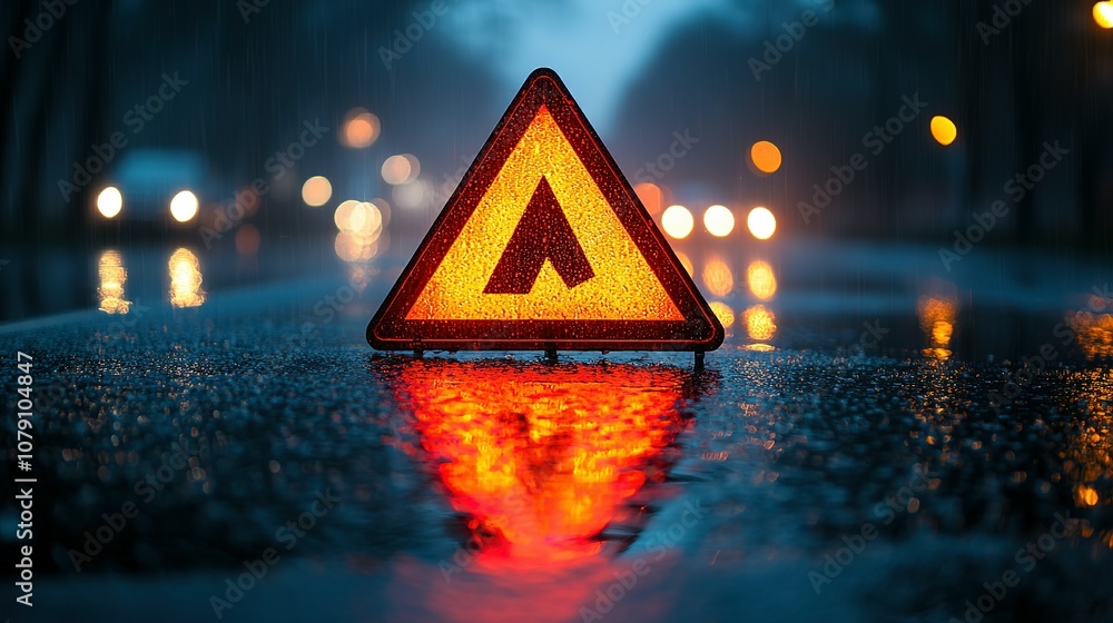 Poster illuminated warning triangle reflected in wet pavement during rainfall