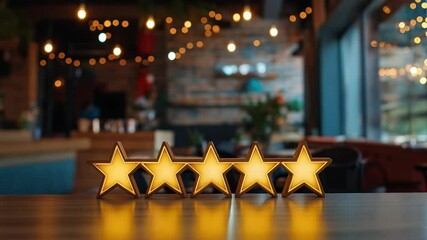 Five gold stars rating on a wooden table in a restaurant, symbolizing best service and great review from customers