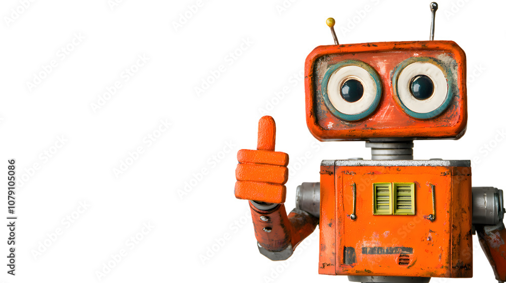 Poster friendly robot giving thumbs up isolated on transparent background