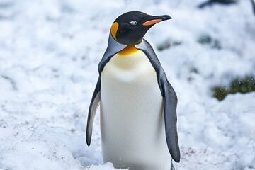 Obraz premium King penguin looking up at the sky, standing on snow