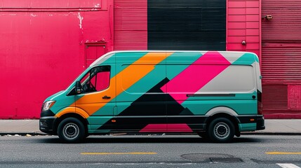 Mockup of vibrant vehicle wrap design on a delivery van, highlighting branding on a city street