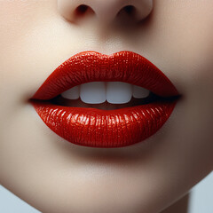 Obraz premium Minimalist Red Lips Close-Up on White Background, Emphasizing Bold Color and Elegant Aesthetic for Beauty and Fashion Themes