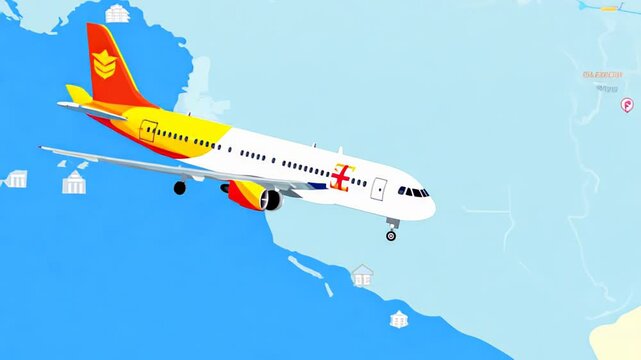 Illustrated airplane flying over a simplified map, symbolizing global travel, international routes, and connectivity.
