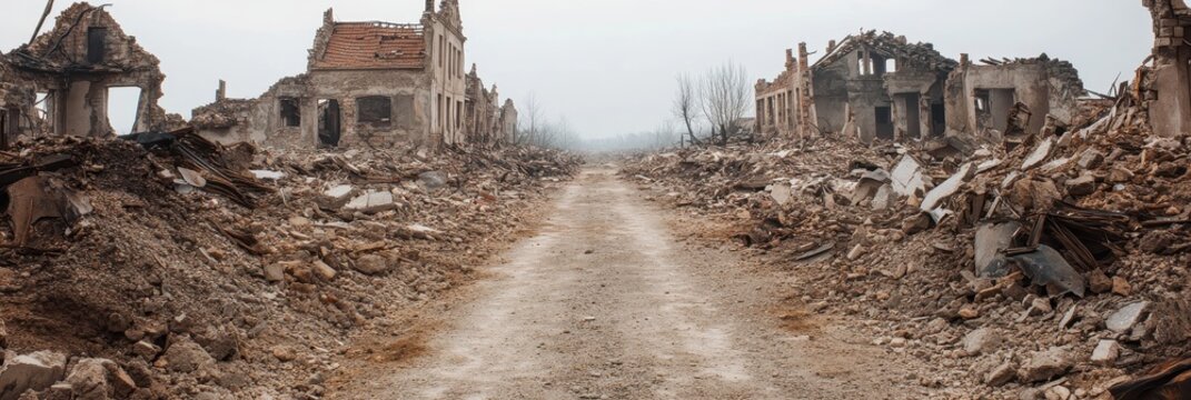 War torn village with broken roads and debris showing WWII