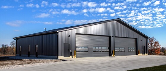 Fototapeta premium A modern industrial building with a sleek metal facade and large overhead doors, surrounded by clear blue skies and a hint of natural scenery.
