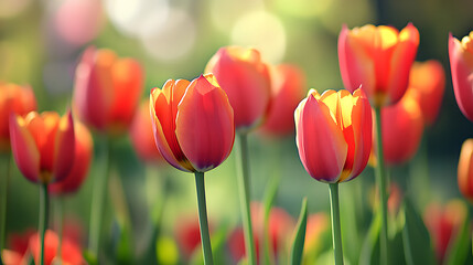 Fototapeta premium Close-up of vibrant tulips blooming under soft sunlight, showcasing the elegance, beauty, and colorful charm of springtime nature