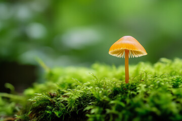 Close-up of a tiny mushroom growing on a mossy forest floor.