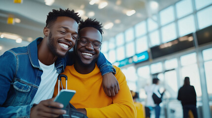 A Joyful Gay Couple at an Airport Gate, Sharing Special Moments and Smiles as They Prepare for Their Exciting Travel Adventure Together