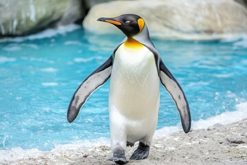 Fototapeta premium King penguin walking toward blue water in natural habitat
