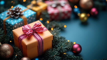 Festive gift boxes arranged with ornaments and pine branches create joyful holiday atmosphere. Perfect for celebrating season with loved ones